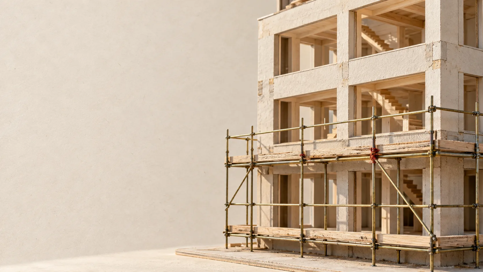 Maquete de um prédio de quatro andares: um andaime fino de latão com amarrações vermelhas envolve os andares de baixo; nos de cima, o andaime já saiu.