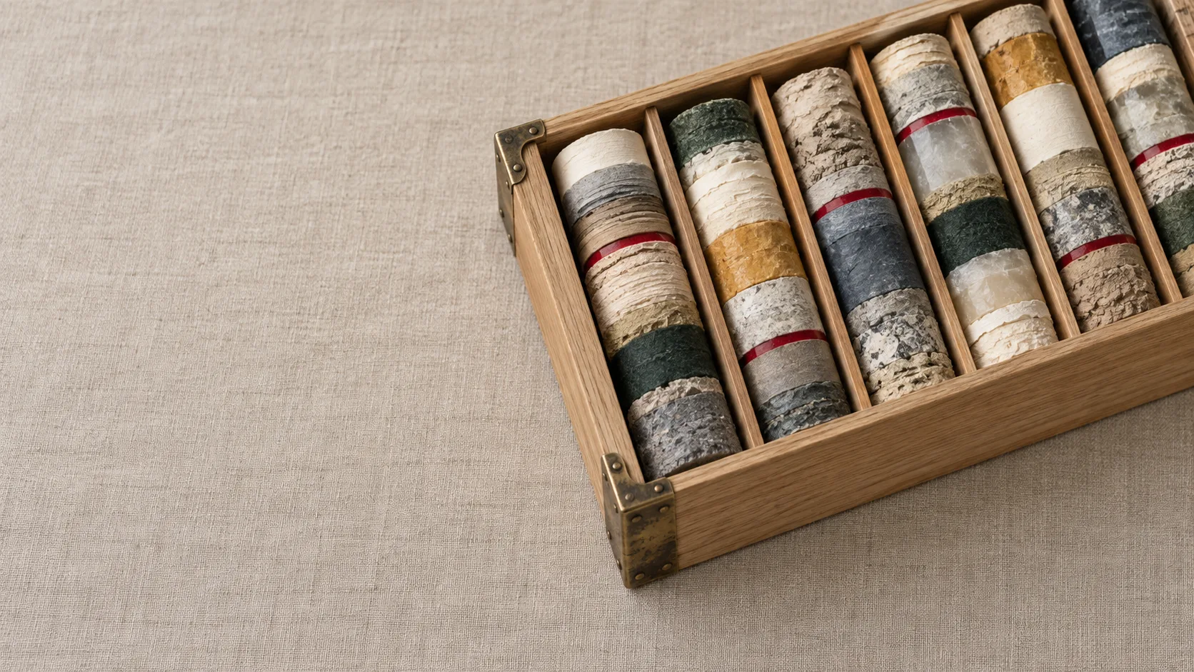 Caixa de madeira com amostras cilíndricas de estratos de papel, feltro e argila, lado a lado; cada amostra tem um estrato vermelho numa profundidade diferente.