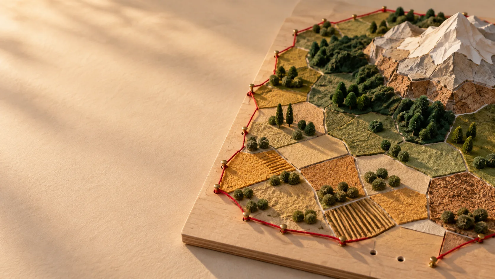 Maquete de relevo feita de muitas peças irregulares de papel, cortiça e feltro, sem nenhum rótulo; um fio vermelho preso por alfinetes de latão contorna a região.